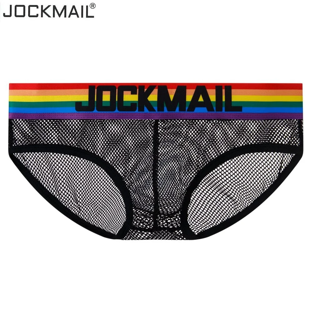 JOCKMAIL Men Briefs Underwear Sexy Breathable Rainbow stripes Underpants Nylon mesh hole fun Jockstrap Cueca Gay Male Panties