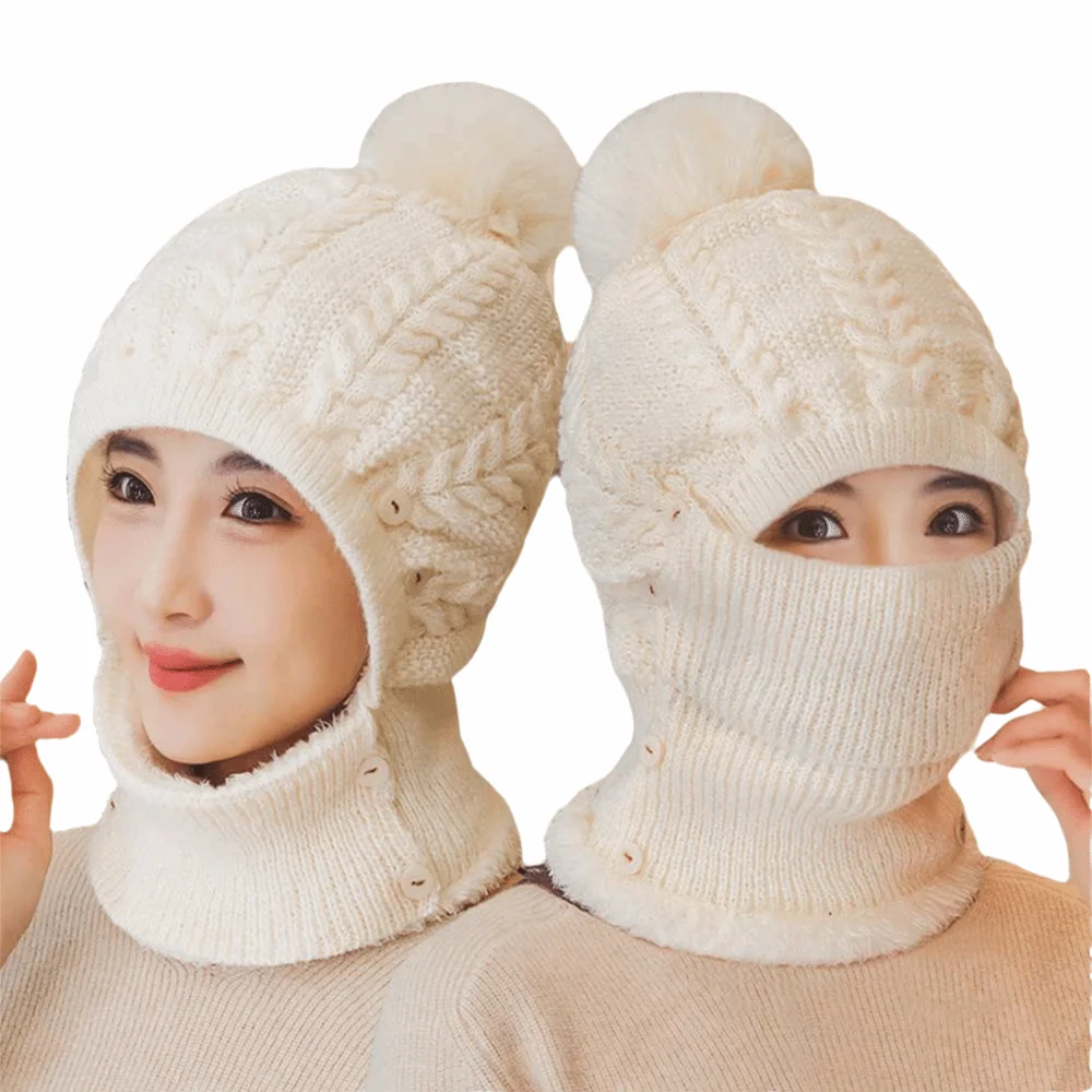 

Durable Wool Simulate Wool Knitted Hat Thick Knit Warm Lining Winter Ski Hat Windproof Design Face Warmer Hat Winter Season