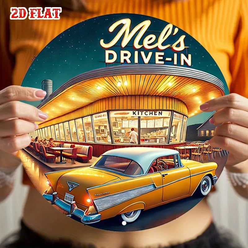 2D Flat - Round Sign Featuring, Showcasing a Night Scene. This Retro Diner Sign Perfect for Home, Garage, Dining Areas, Or Cafes