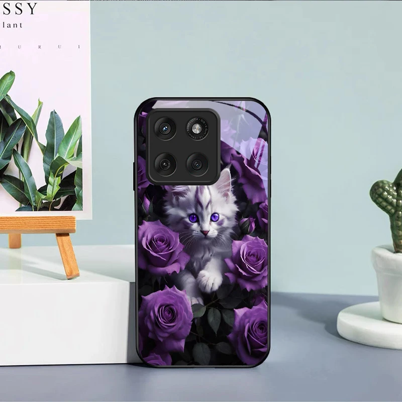 Kitten Purple Roses Black Glass Phone Case For Motorola Moto Edge 60 20 Lite 30 70 Pro 40 Neo 50 Ultra G14 G22 35 75 Back Cover