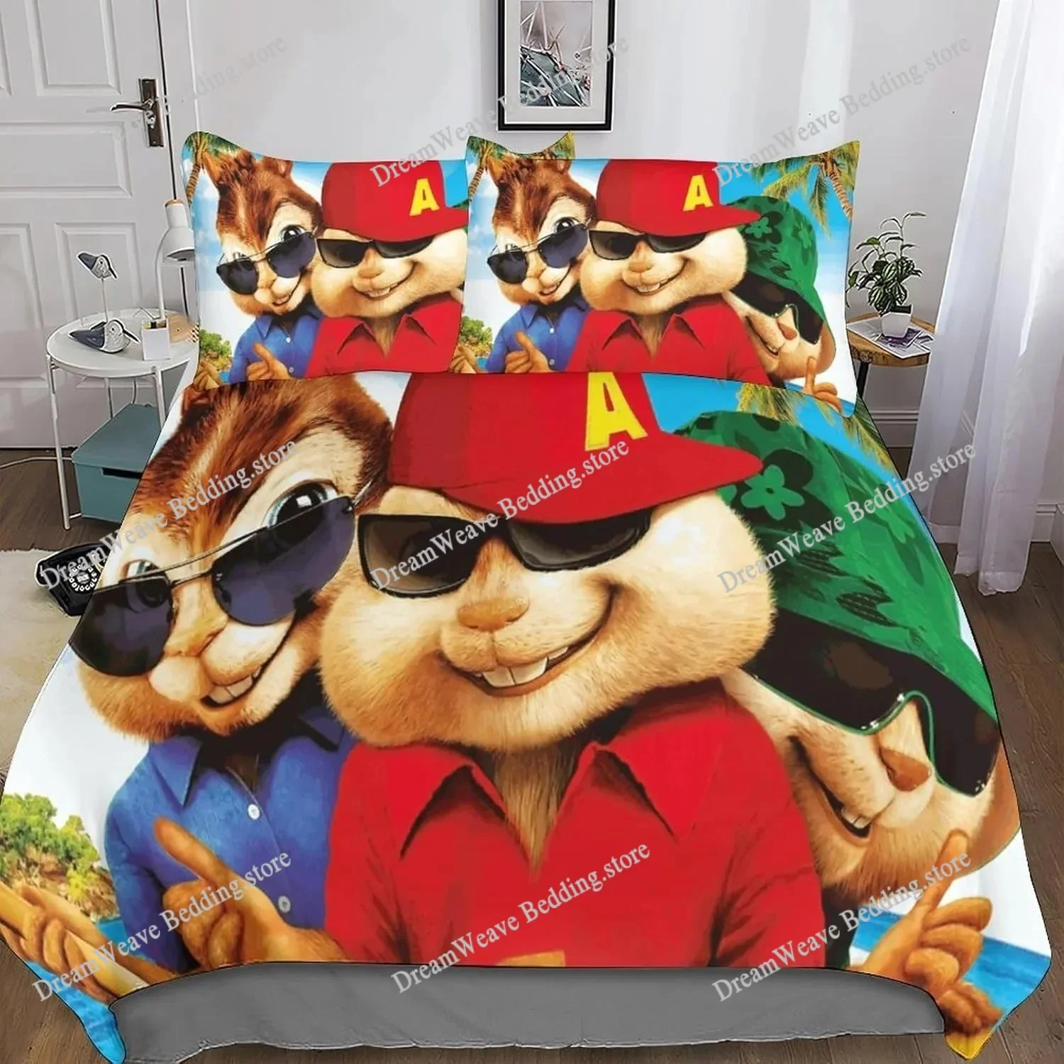 Exquisite 3D Cartoon Squeakquel Wallpaper Alvin and Chipmunks Digital Printing Bedding Set Comforter Bed Youth Girl Boys Gift