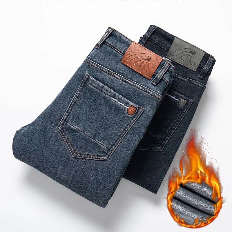 กางเกงยีนส์บุขนหนานุ่มสำหรับผู้ชาย ทรงตรง ยืดได้ เหมาะสำหรับฤดูหนาว สไตล์ลำลองธุรกิจ แบรนด์แฟชั่น