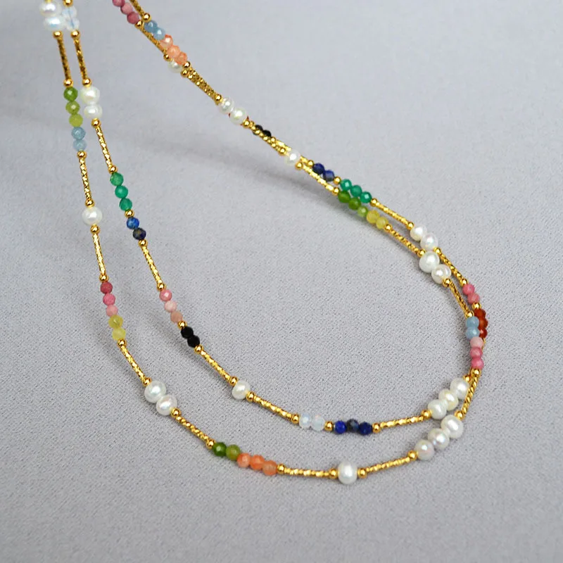 

Russia Style Niche Design Retro Literary Color Real Stone Freshwater Pearl Beaded Necklace Clavicle Chain Brass Tube Strand Chai