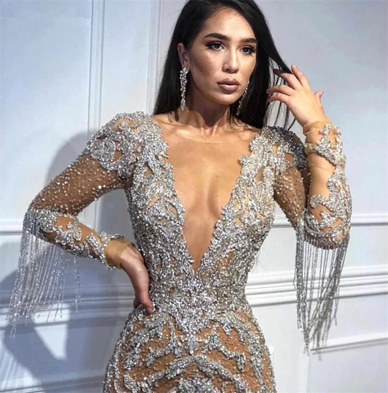 Sequins Paillette Cut-Out Women's Prom Dress Tassels Deep V-Neck Party Gown Long Sleeve Mid- Waist Evening Dress Newest In Stock