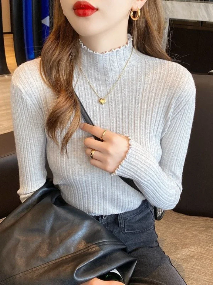 가을 겨울 우아한 패션 슬림 긴 소매 스웨터 세련된 셔링 솔리드 니트 풀오버 터틀넥 스위트 풀오버 여성 의류