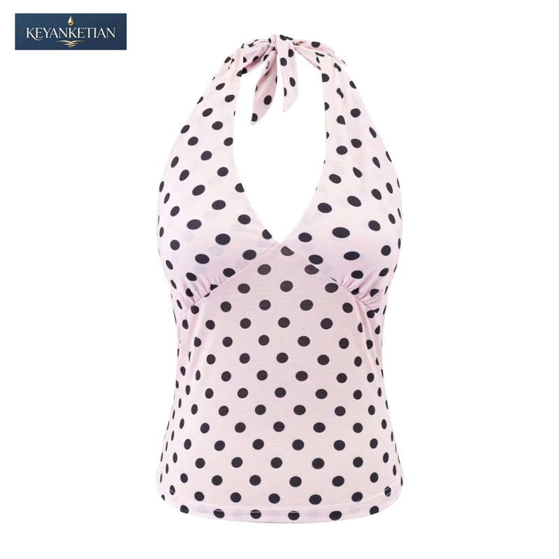 KEYANKETIAN 2026 Summer Retro Y2K Slim Halter Top V-Neck Polka Dot Print, Back Tie Closure & Ruched Bust Sleeveless Vest
