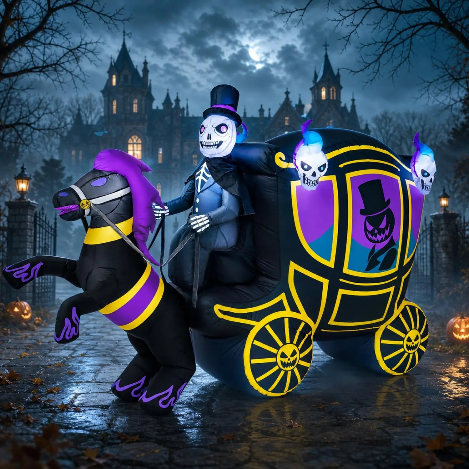 Halloween Inflatable Decoration, 10FT Skeleton Carriage & Horse with Built-in LED Lights, Blow Up Yard Decor for Lawn Party