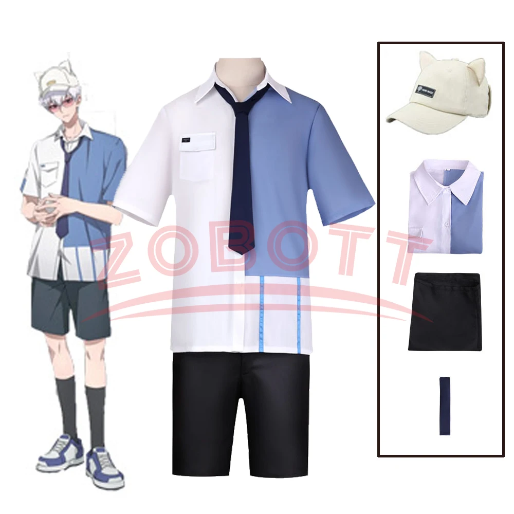 

4 шт., аниме Link Click Lucas, костюм для косплея, шляпа, белая короткая синяя рубашка Lu Guang, брюки, шляпа, полный комплект, повседневная одежда на Хэллоуин