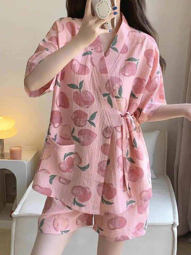 Women's Japanese Pajamas 2025 Summer Cotton Short Sleeved Shorts Two-piece Set Cute Peach Pattern V-neck Home Outfit With Straps