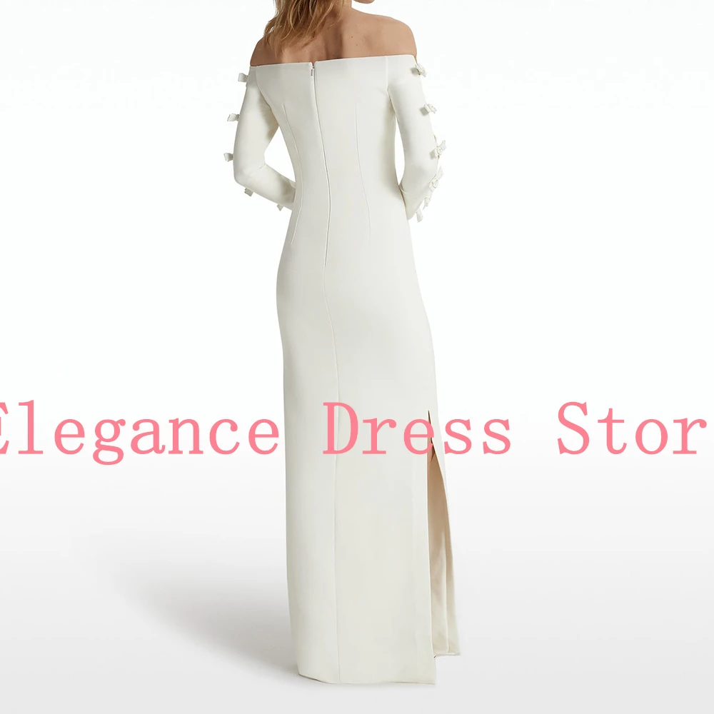 Customized Temperament  Boat Neck Off the Shoulder Jersey Bow Evening Dress Graceful Zipper Back Pleats White Vestido De Noche