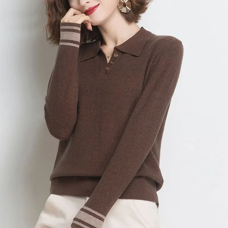 Turn-down Collar Sweater Ladies Autumn New Long Sleeve Knitting Top Tee Winter Loose Simplicity All-match Buttons Pullovers Tops