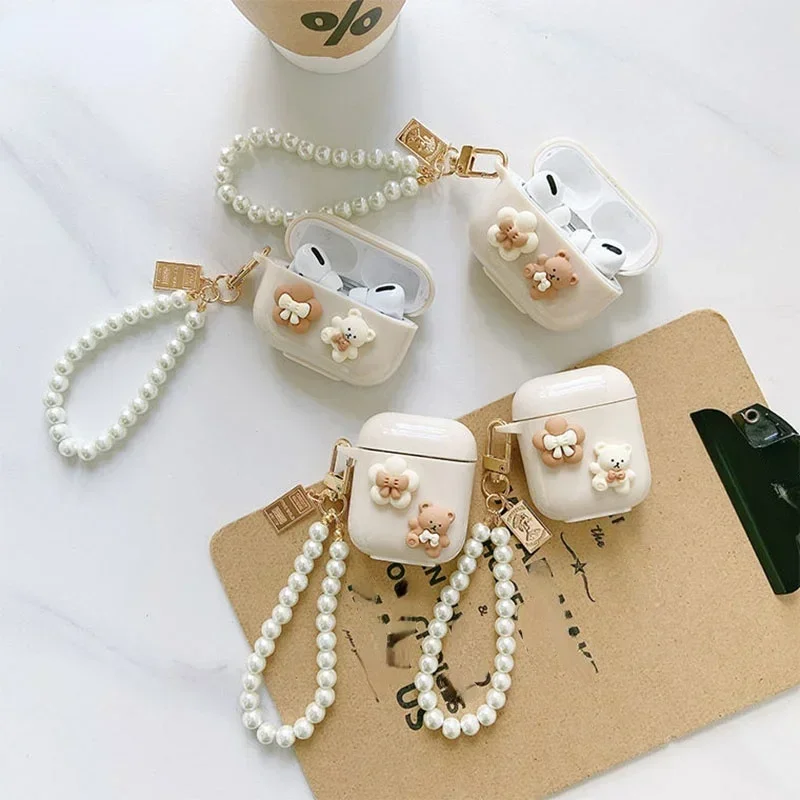 Girls Heart Earphone Case For AirPods Pro 3 2 1 Cover Cute Bear Korean Pearl Chain  For airpods3 earphone Protect Cover