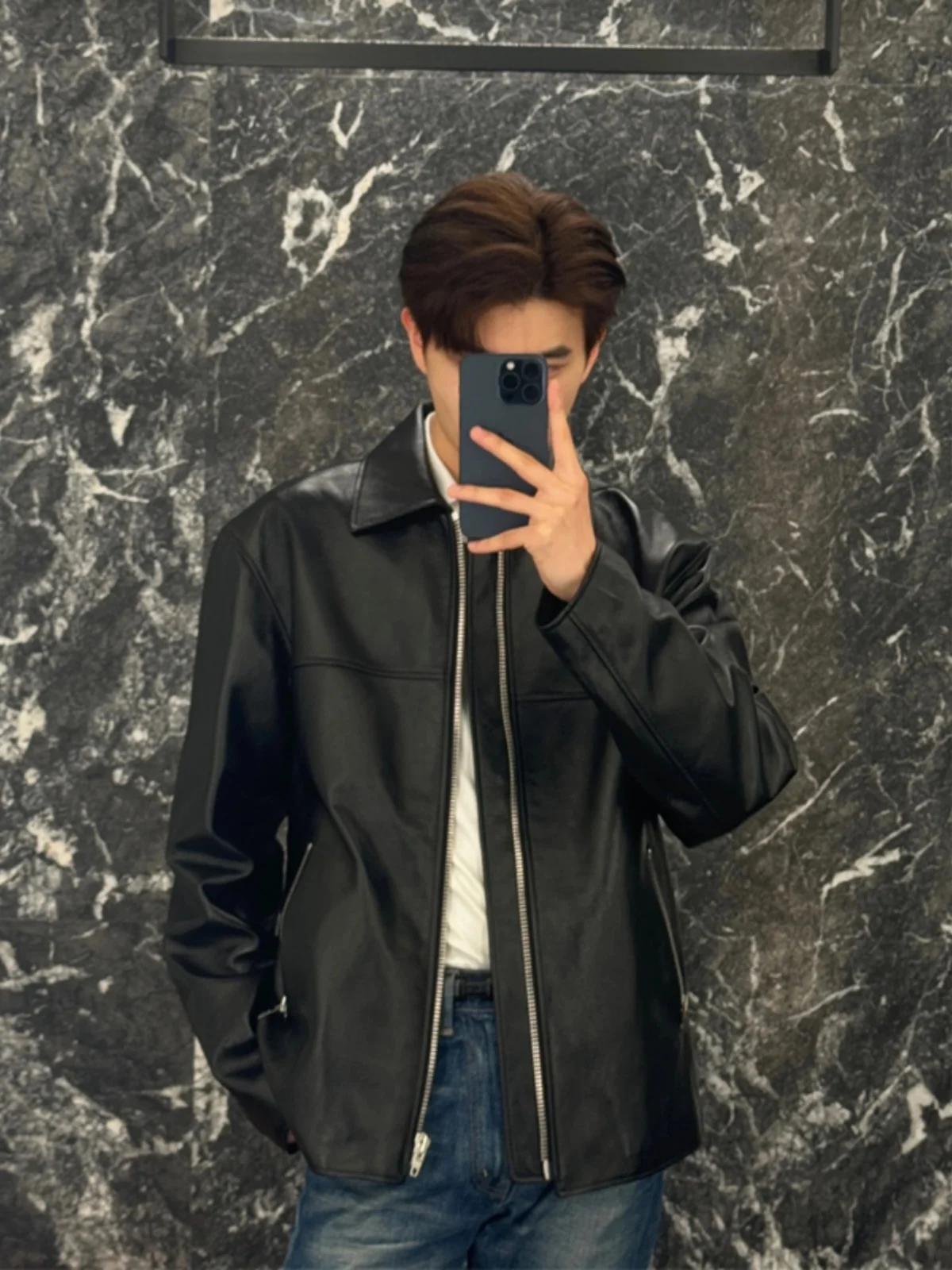 

Cleanfit Black Leather Jacket Men's Trendy Korean Style Lightweight Mature Flip Collar Jacket High-End Feel Shoulder Pads Mot...