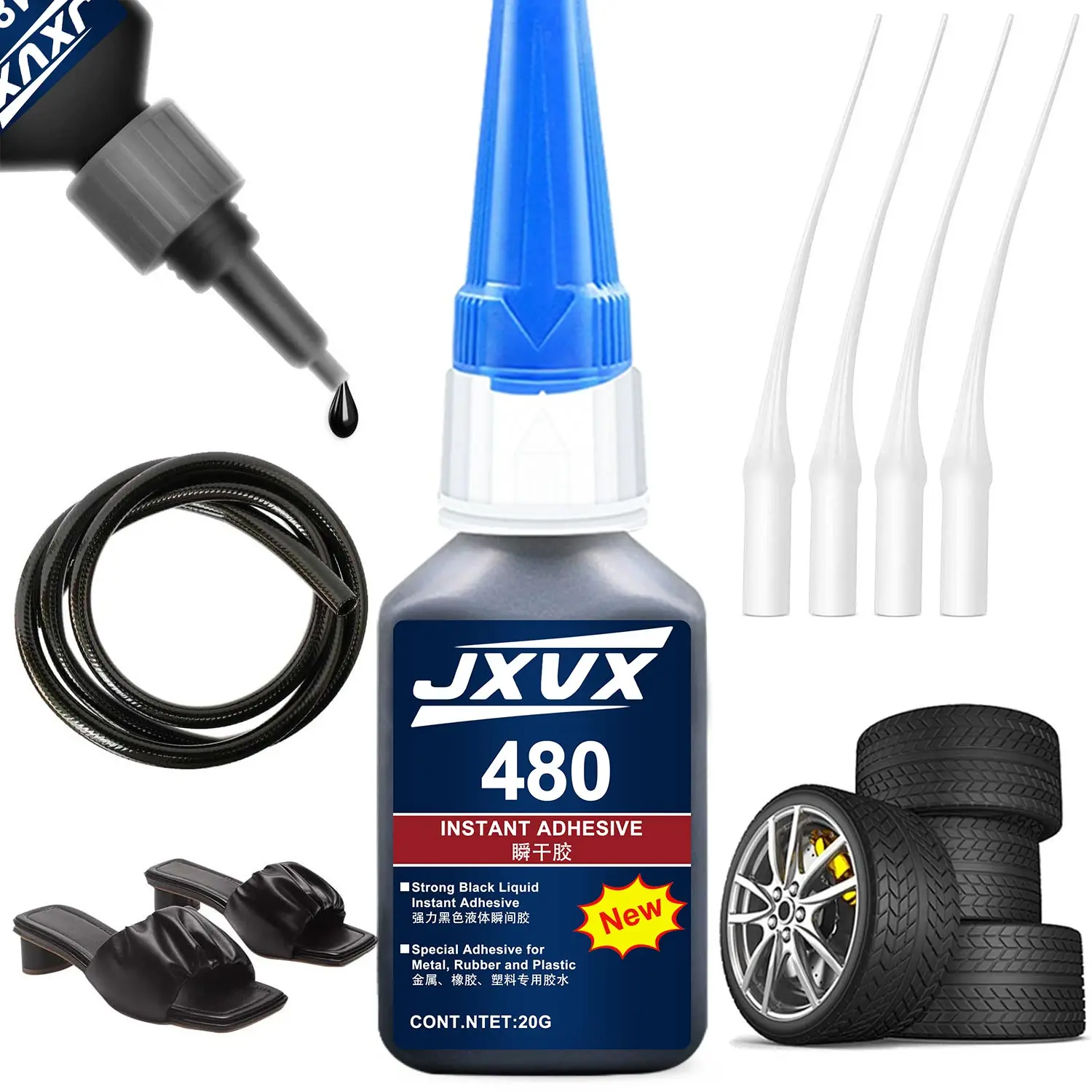 JXVX 20 g 480 Super colle noire Adhésif cyanoacrylate noir à séchage instantané Adhésif liquide universel de qualité professionnelle pour le collage solide du caoutchouc, du cuir et des pneus. Comprend un distributeur