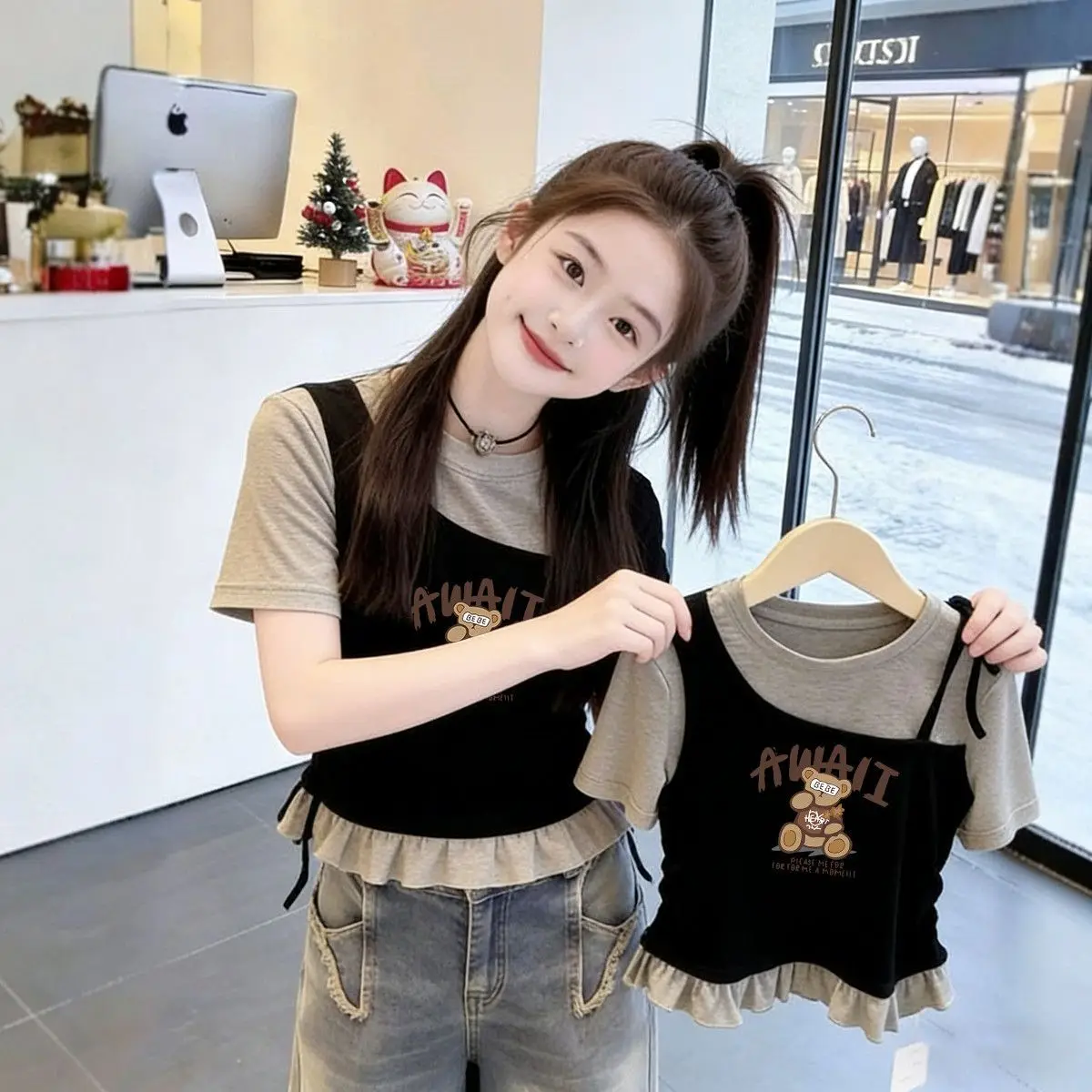 Summer New Girls Patchwork Letter Slim Fit T-Shirt Toddler 4-12 Years Korea Style Bear Print Narrow Waist Teenager Clothing