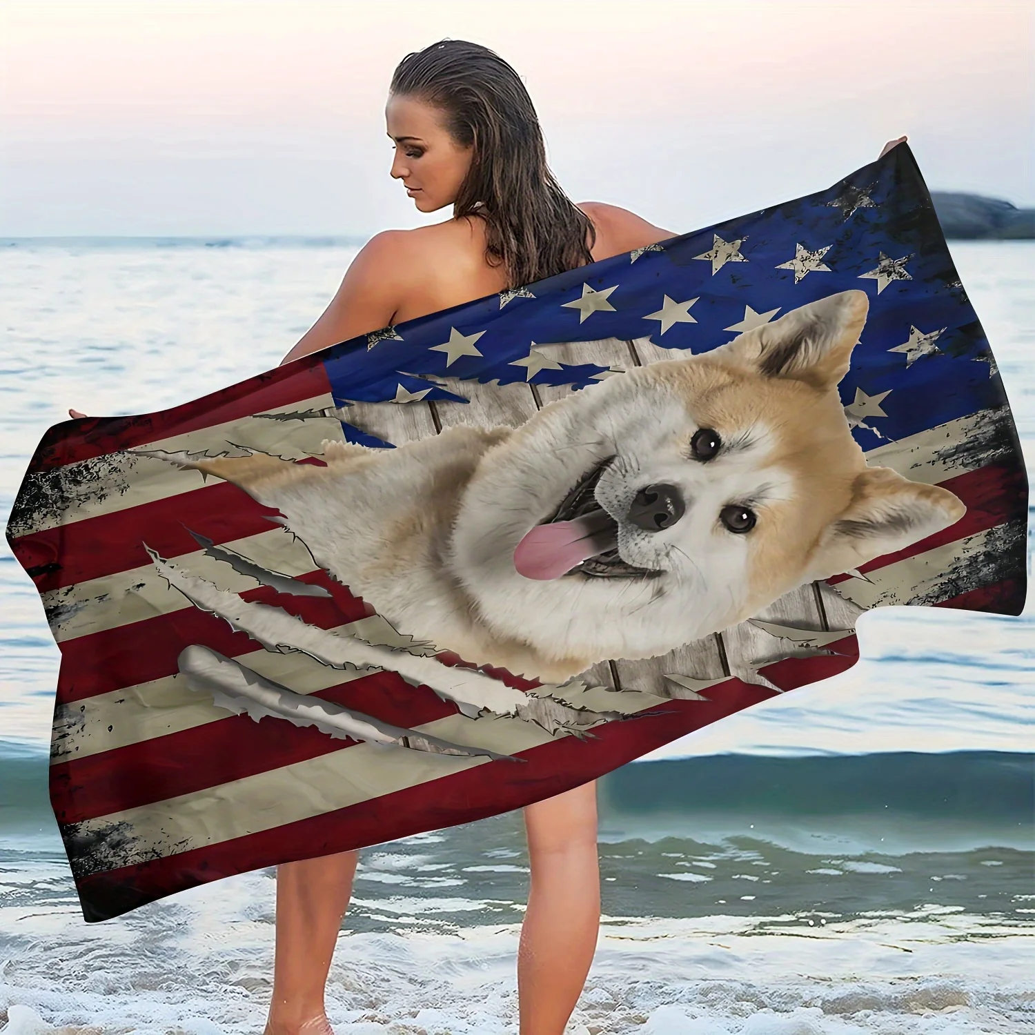 Customize A Summer Beach Towel Featuring a Cheerful Shiba Inu Design Made of Ultra-Fine Microfiber
