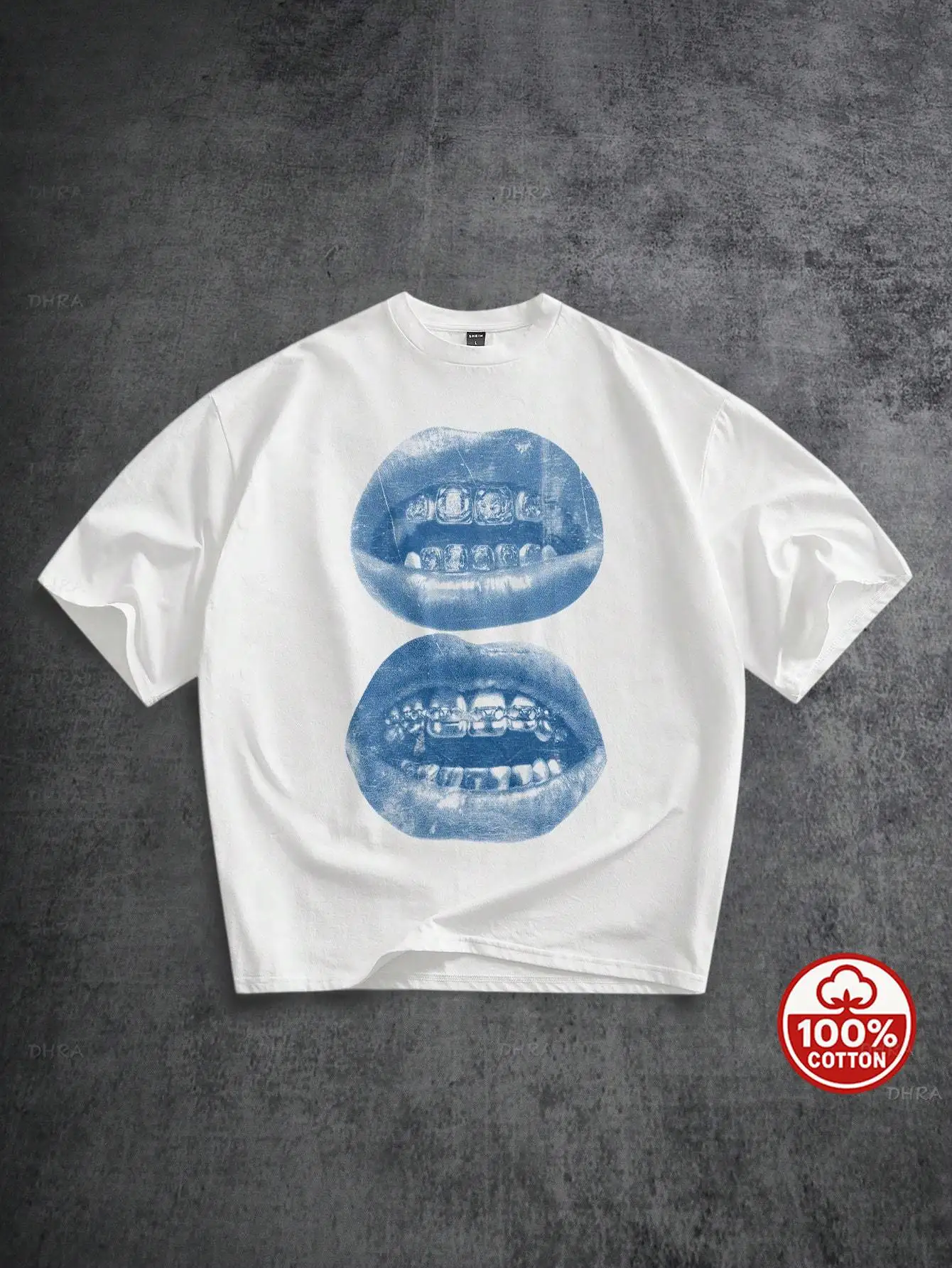 Hip Hop Grillz Lips Print T-Shirt Men Women Streetwear Blue Tooth Jewelry Graphic Short Sleeve Top
