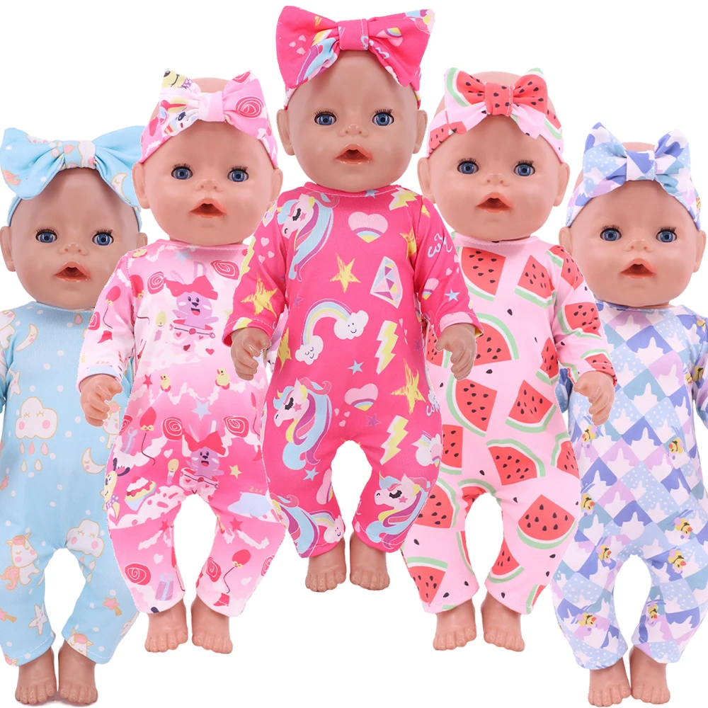 ป๊อปตุ๊กตาเสื้อผ้าผ้าคาดผมผูกโบว์ + ชุดจั๊มสูทชุดนอนสำหรับตุ๊กตาอเมริกันขนาด 18 นิ้วและ 43 ซม.ตุ๊กตาเด็กเกิดใหม่อุปกรณ์เสริม,ของเล่นเด็กผู้หญิงของขวัญ