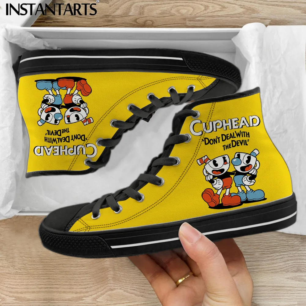 

INSTANTARTS Game Cuphead Mugman Cartoon Pattern Casual Lace Up Sneakers for Men Boys High Top Canvas Footwear Vulcanized Shoes