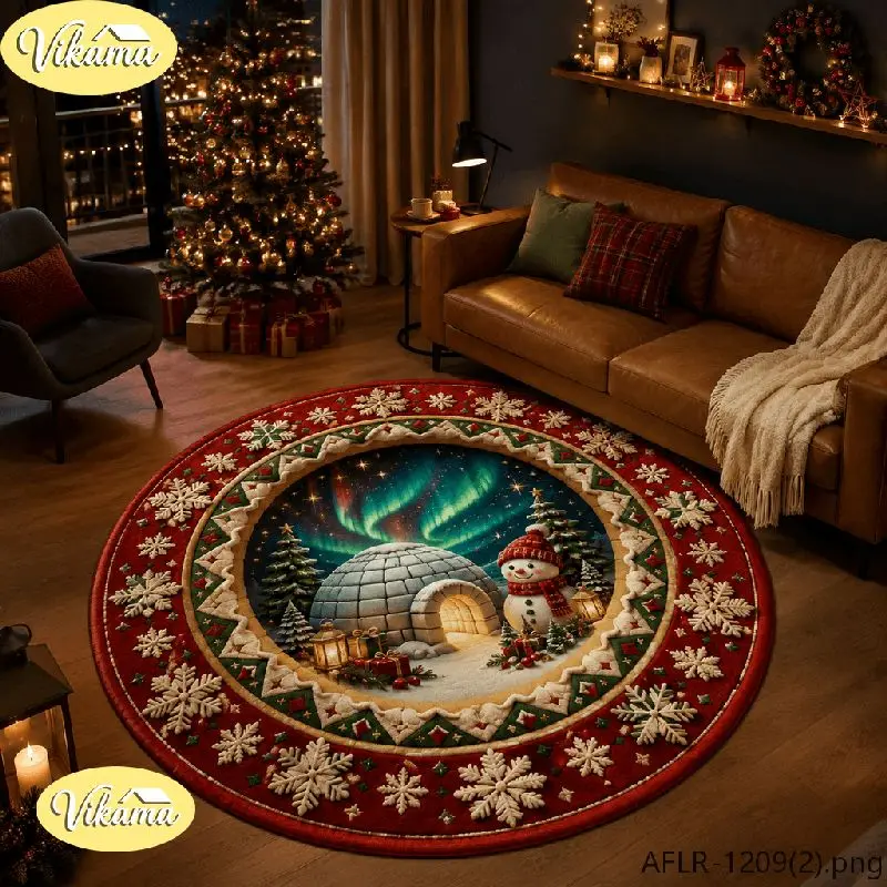 VIKAMA Christmas Round Rug 3D Ice Cave Icicle Snowflake Star Area Rug Living Room Holiday Home Decor Aesthetic Art Large Premium