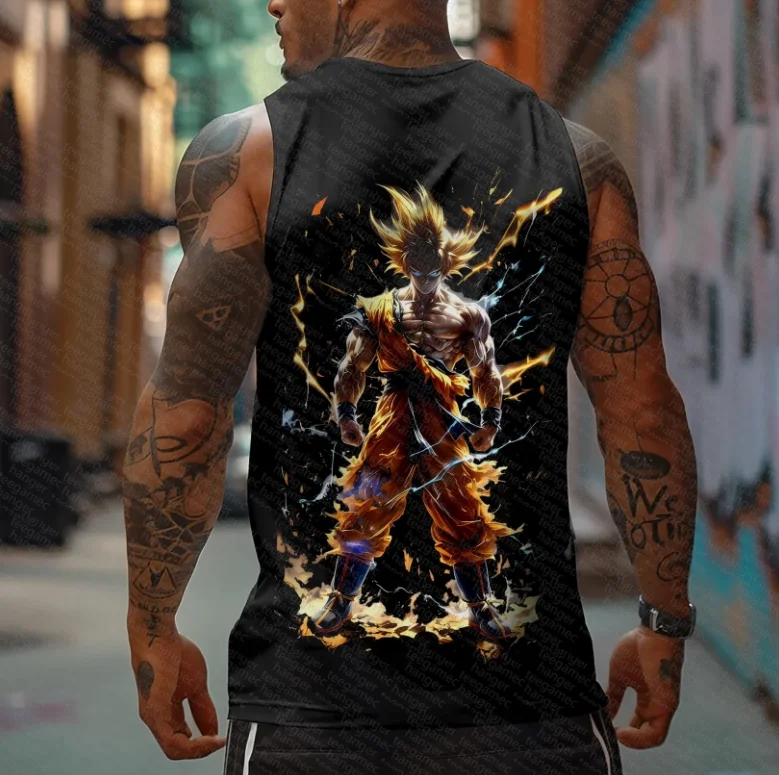 سترة دون أكمام للرجال مطبوعة بشخصية رسمية من Dragon Ball، ملابس شارع أنيمي ريترو، سترة لياقة بدنية، تي شيرت، ملابس يومية