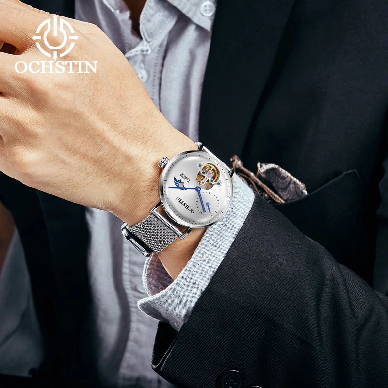 OCHSTIN Business Tourbillon Mechanical Men\'s Watches Woven Nylon Band Cover Glass Silver Case Moon Phase Clock Relogio Masculino