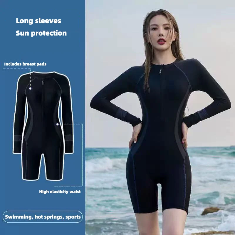 ผู้หญิงBuilt-In BraแขนยาวOne- Pieceชุดว่ายน้ําชุดอนุรักษ์นิยมSlimmingสําหรับท่องHot Springสระว่ายน้ําสระว่ายน้ําชายหาดชุดว่ายน้ํา