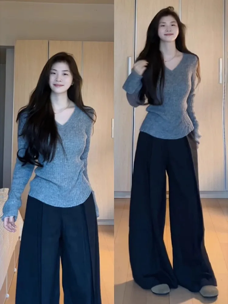 

plus Size Knitted Long Sleeve V-Neck Women's Base Shirt Slimming Tummy Covering Inner Wear Top Casual Fashion Spring Autumn