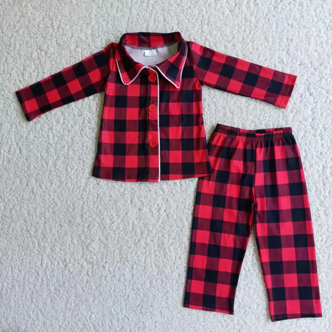 New Christmas Match Baby Boys Girls Red Plaid Button Long Sleeve Long Pants Pajama Set Wholesale Boutique Children Clothing RTS