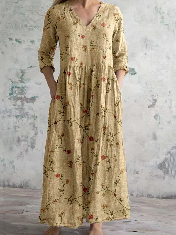 

Plus size Europe and the United States cross-border spring and autumn hot sale printed pocket V-neck long sleeve dres