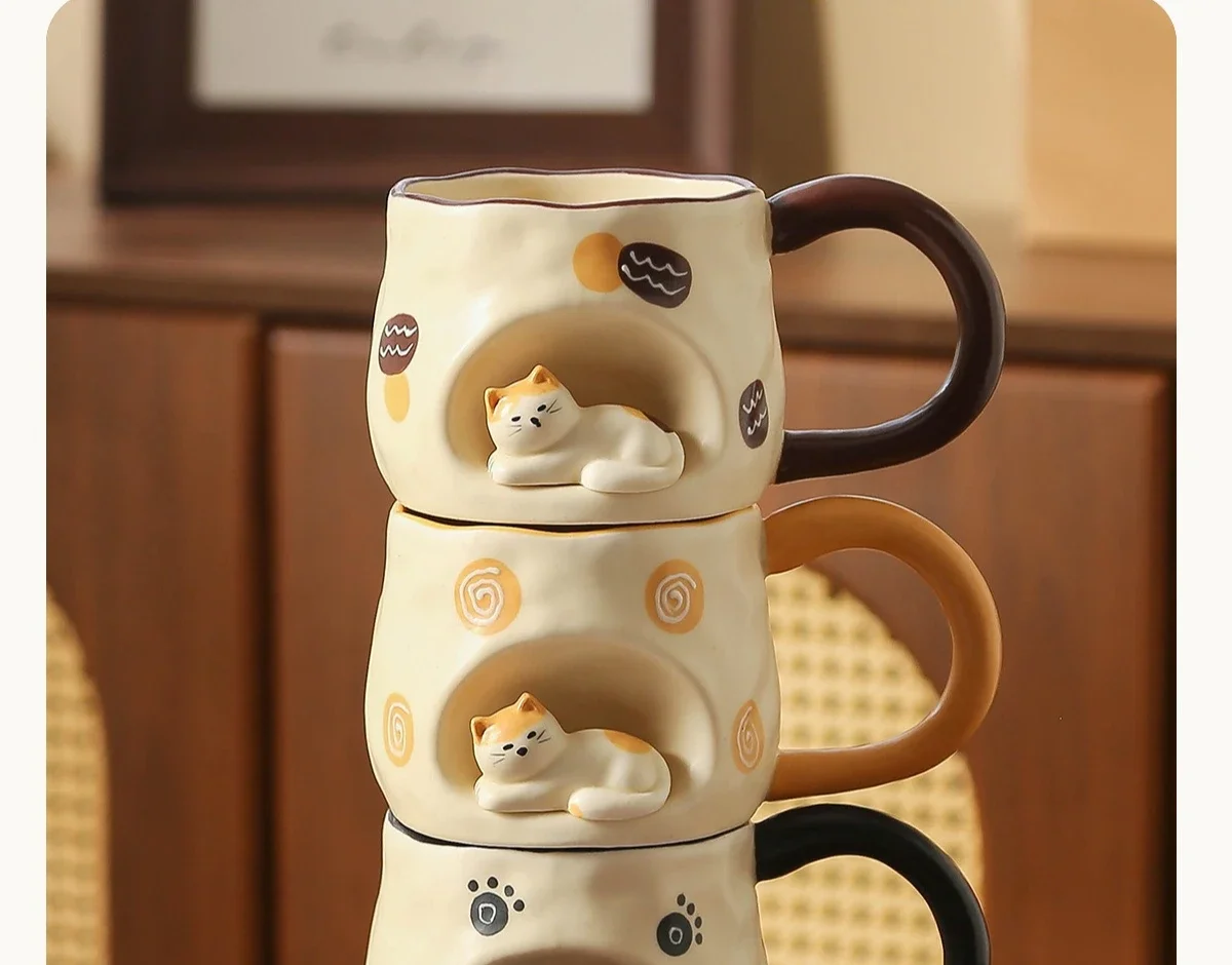 3D Three-dimensional Cat Ceramic Mug, Ins-style High-looking Afternoon Tea Cup for Girls, 350ml Household Children's Milk Cup