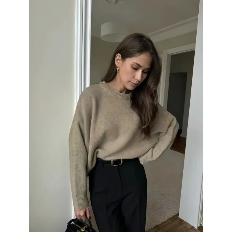 

Повседневный однотонный вязаный свитер с круглым вырезом для женщин, с длинными рукавами, плиссированный, свободный, шерстяной пуловер для повседневной носки и уличного стиля