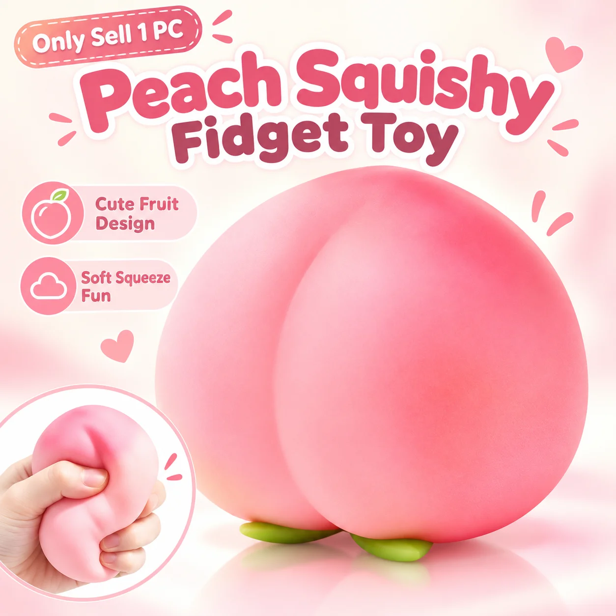 Peach Squishy Fidget Toy, Cute Fruit Design Soft Squeeze Sensory Toy for Kids Adults Desk Decor Stress Relief Gift