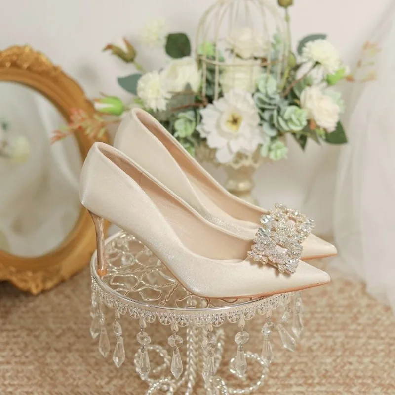 Champagne Colored High Heels Wedding Shoes for Women 2025 New French Cloth Surface Rhinestone Pointed Toe, Slim Heel Shoes Women