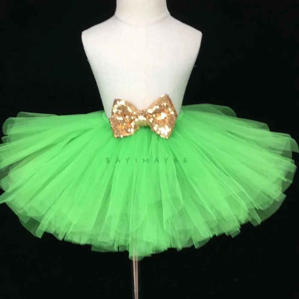 Girls Green Tutu Skirts Kids Fluffy Tulle Pettiskirts with Gold Sequin Bow Children Birthday Christmas Costumes Skirts Clothes