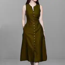 Women Solid Color Dress Elegant V-neck Midi Dress with Button Details Pockets Sleeveless A-line Summer Dress for Women Stylish