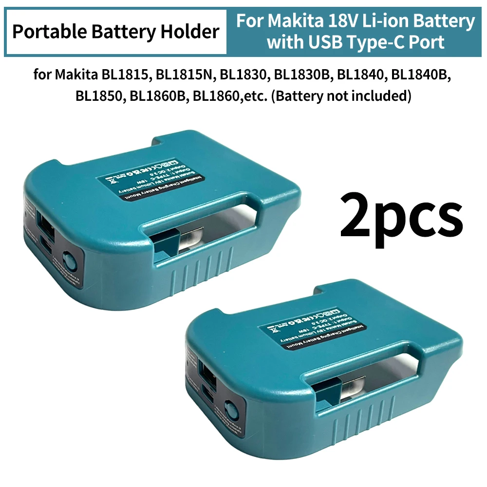 2pcs For Makita 18V with USB Type-C Battery Holder for Makita 18V Battery BL1840 BL1850 BL1860 Charger Adapter Fast Charging