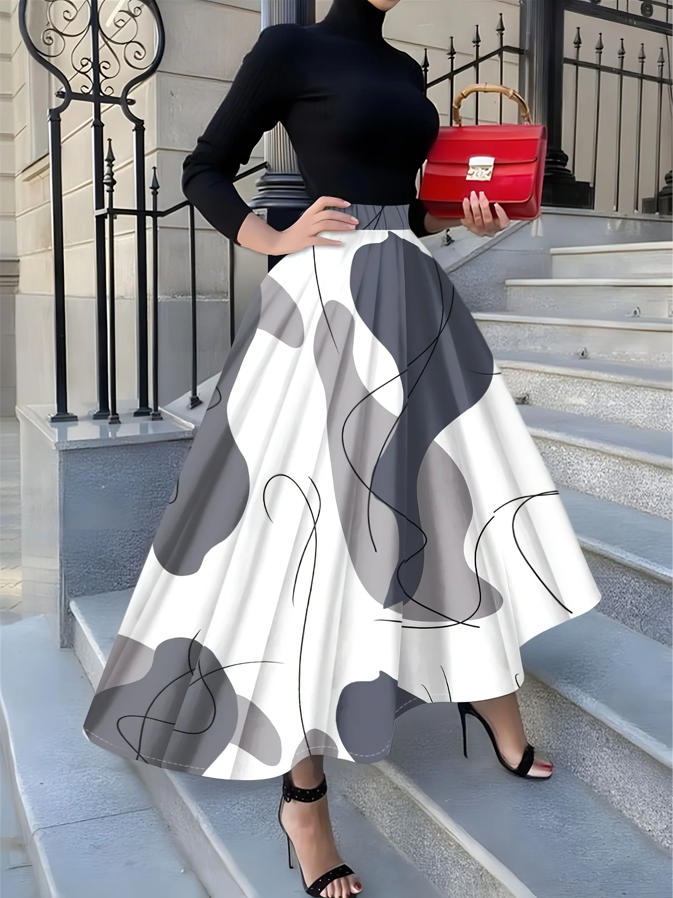 

Полуюбка в повседневном стиле с абстрактным серо-белым узором и принтом в стиле Four Seasons