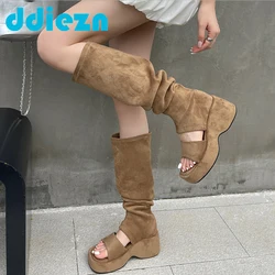 Ladies Shoes Long Boots Sandals Female Casual Summer Fashion Women Flats Shoes Sock Gladiator Knee High Boots Sandals