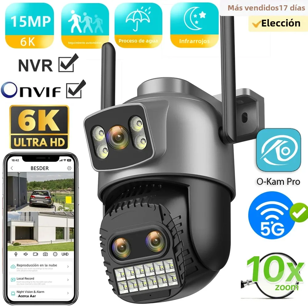 Cámara IP de pantalla dual para exteriores, 15MP, WiFi, PTZ, zoom digital 10X, 4K, detección humana, cámara de seguridad, vigilancia, aplicación O-Kam Pro