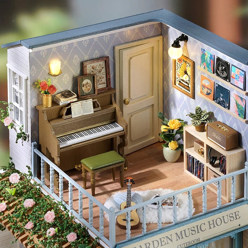 Holzfiguren Miniatur Puppenhaus Kit 3D Puzzle Gebäudemodell mit LED-Licht Puppenhäuser Spielzeug für Geburtstag Weihnachtsgeschenk