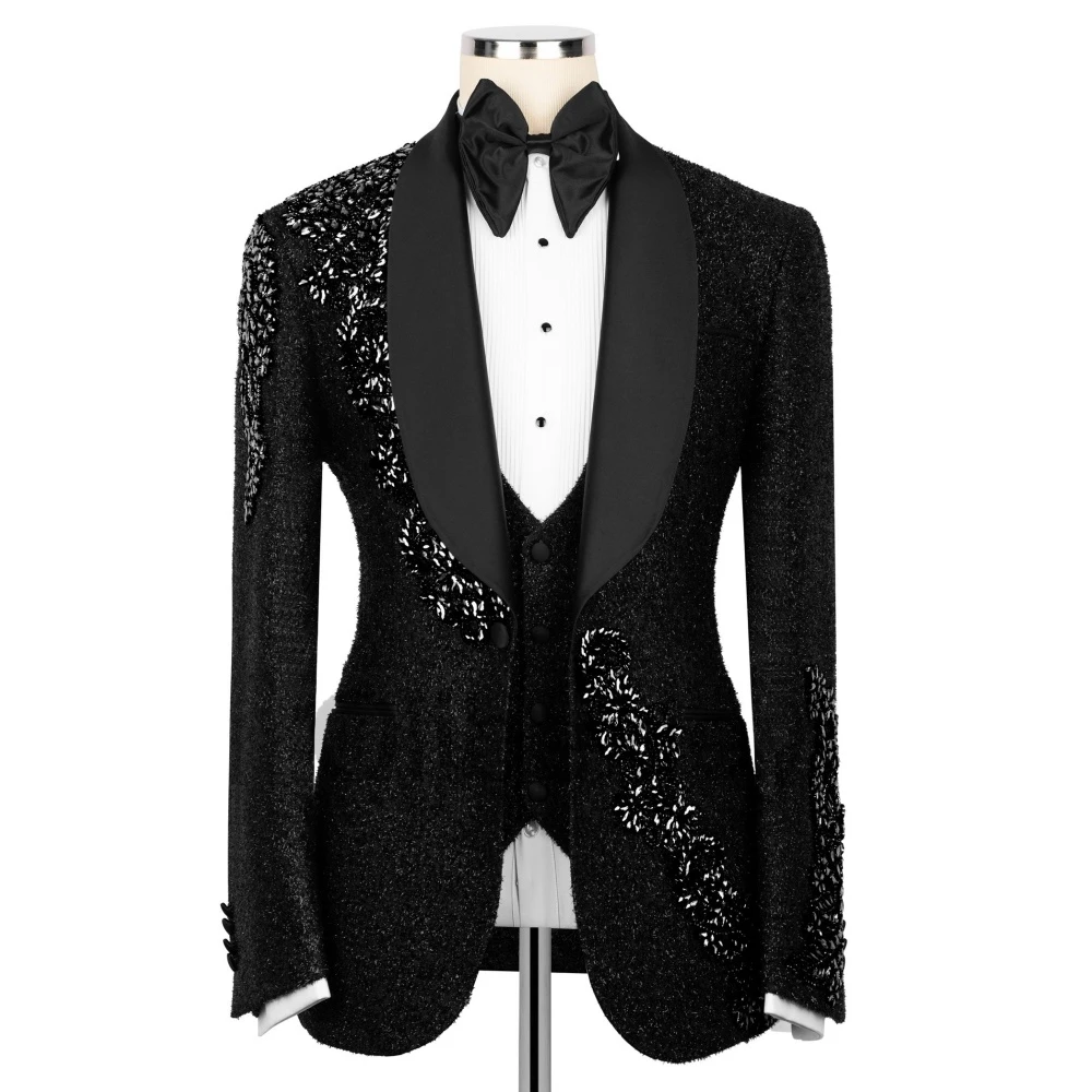 Olibexley Luxury Black Men Suits 3 Pieces Sets Diamond Crystal Beaded Wedding Groom Tuxedos Male Party Blazers Customized S303