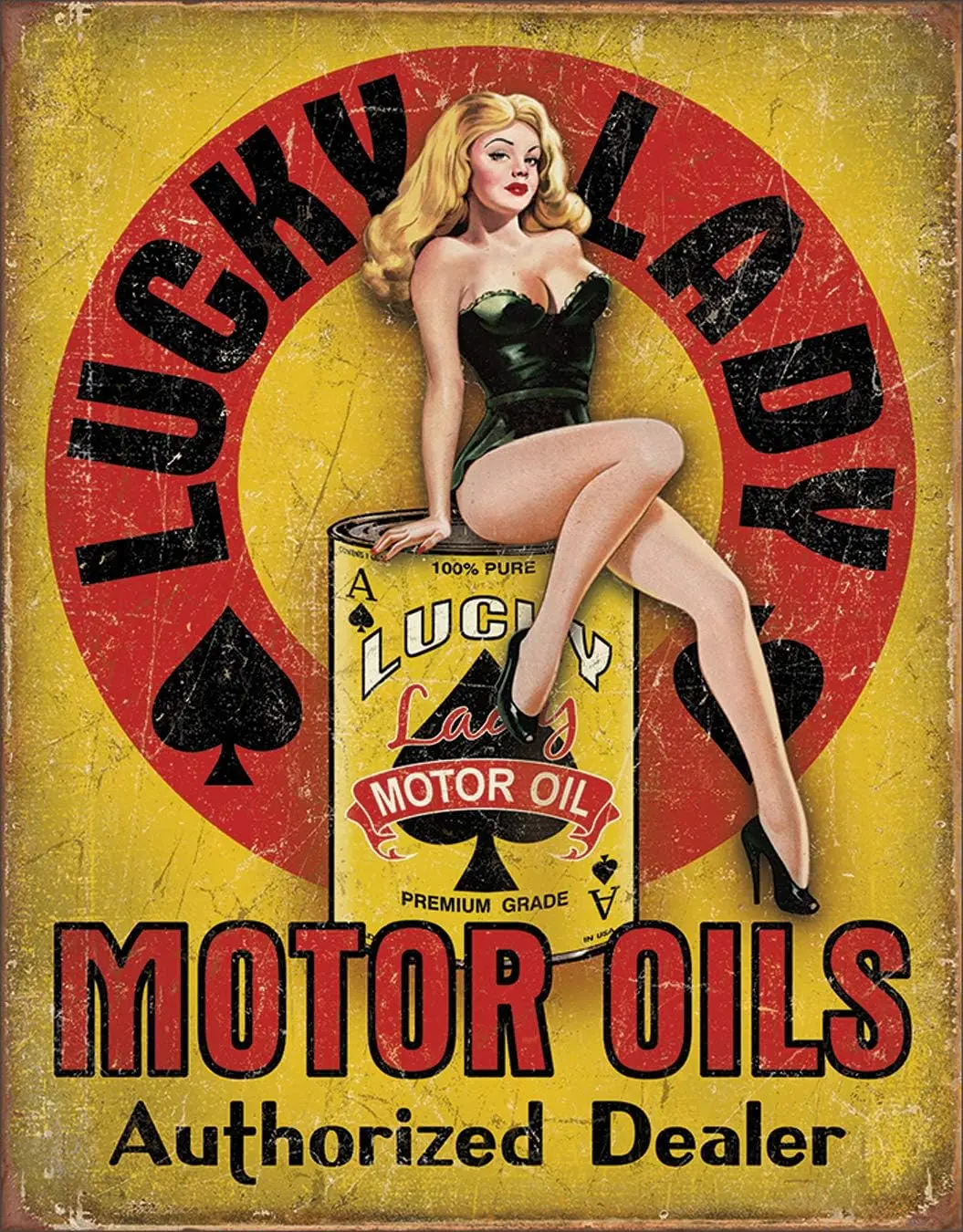 Desperate Enterprises Lucky Lady Motor Oil Tin Sign, 12.5