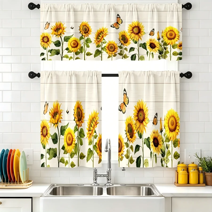 kitchen curtain set,sunflower butterfly wood grain pattern printed curtain combination,pole mouth layered curtain