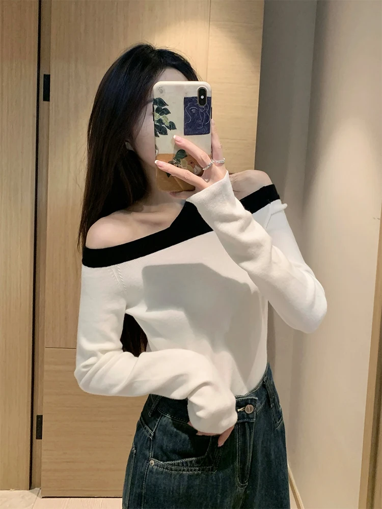 

White One-oulder Base irt Women's Autumn Winter Slimming Design Sensation Inner Wear Slim Fit oulder Bared Knitted Swea...