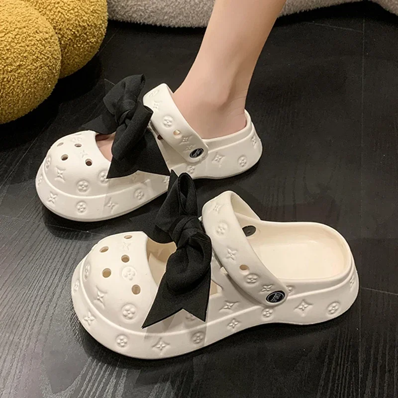 Summer Women Slippers Platform Clogs Garden Shoes Outdoor Beach Sandals Chunky Slippers Cute Bowtie Decoration Vacation Slides