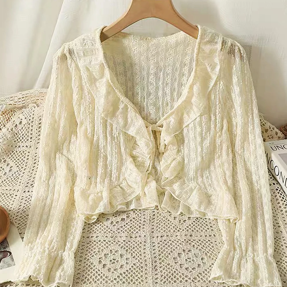 

New Lace Ruffle Summer Sexy Long Sleeve Tops Girl's Sun Protection Clothing Women Crop Tops Lace Bow Ruffle Shirt Tops For Woman