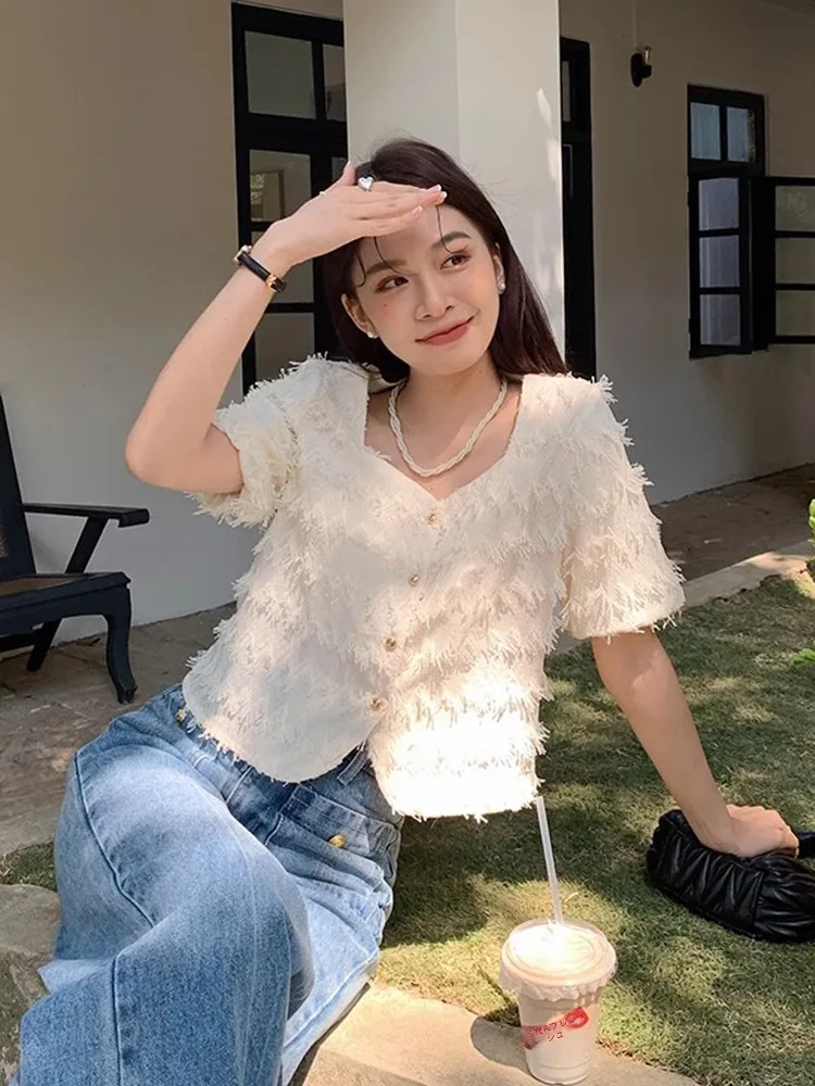 

Chic Summer Gentle Wind Square Collar Heavy Embroidery Fringe Design Loose Versatile ort Sve Jaet for Women