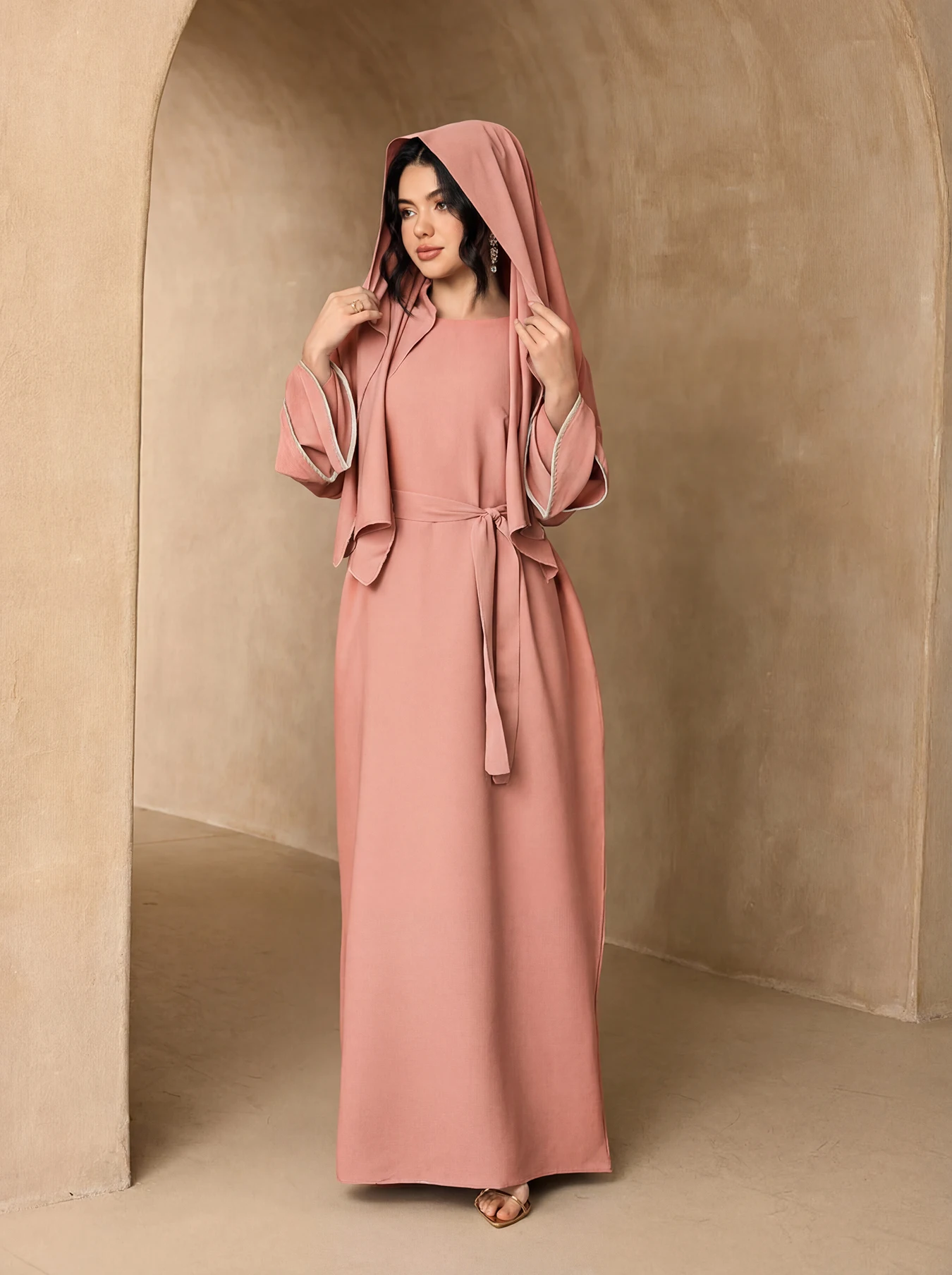 Line Trim Flare Sleeve Abaya 3Pcs Set, Belted Maxi Kaftan With Matching Hijab For Muslim Ladies Eid Prayer Daily Wear