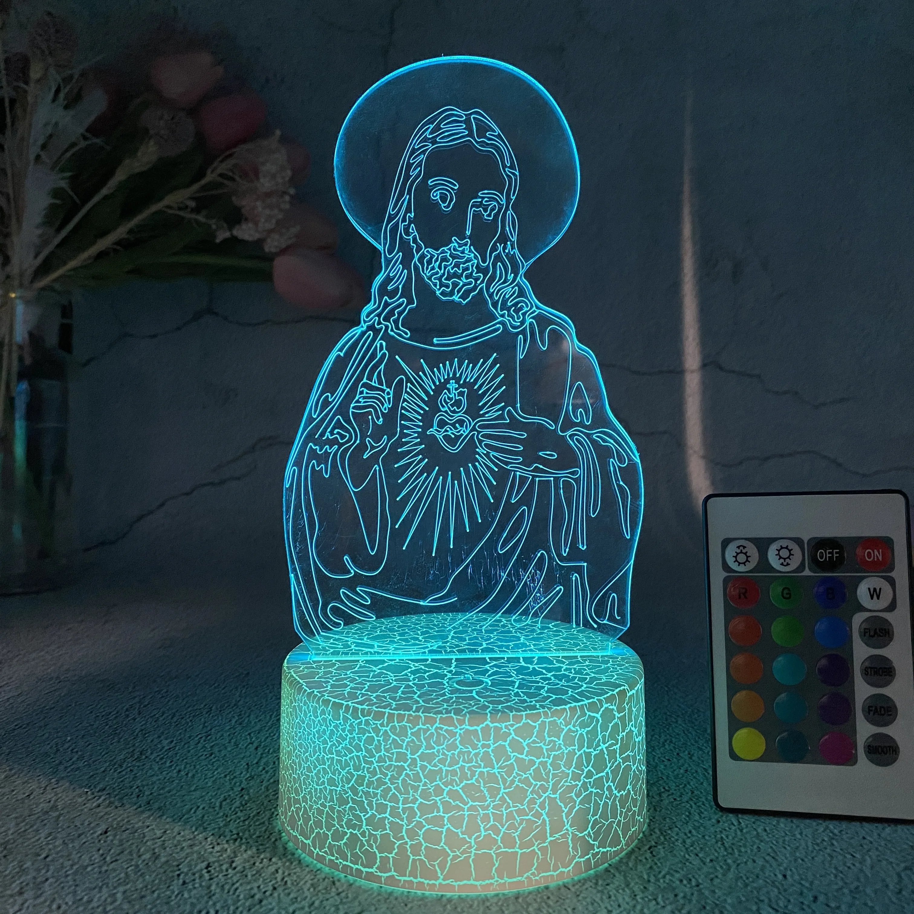 Acrílico colorido Jesús grieta 3D Plug-in dormitorio cama Simple pequeña luz nocturna alto nivel de apariencia